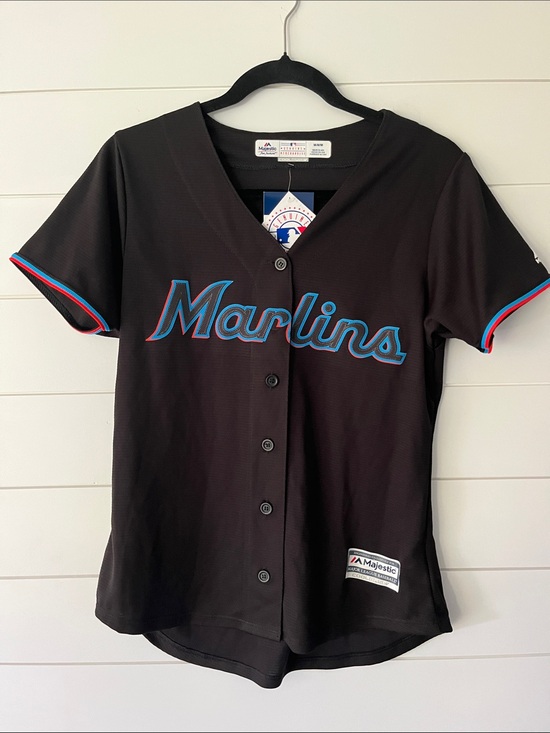 Majestic Tops - Majestic Marlins Black Blue Trim Women's Jersey